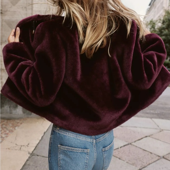Zara 🔥🔥🔥Burgundy Faux FurJacket Size Large -NWT - Picture 6 of 10